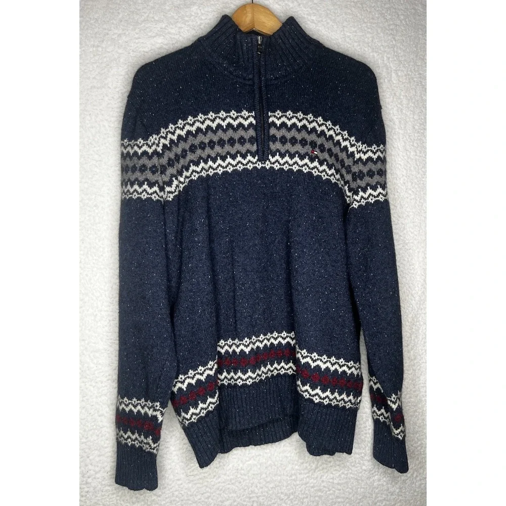 Tommy Hilfiger Men's Sweater 1/4‎ Zip Pullover Cotton Wool Blend Blue Sz XL
